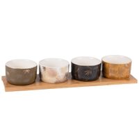 bandeja de aperitivos de bambu con 4 cuencos de ceramica con estampado tropical