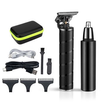 Kit 2 En 1 Con Recortador Perfilador Para Pelo Y Barba + Afeitadora De Pelo Para Nariz. Con Juego De Accesorios. Batería Recargable. 20x14x7 Cm. Color: Negro