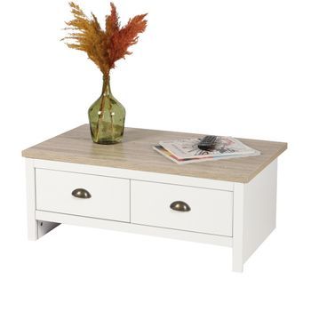 Mesa Baja Con 2 Cajones De Diseño Colonial - 90x53xh36 Cm, Color Blanco Y Tapa De Roble Claro - Colección Madera