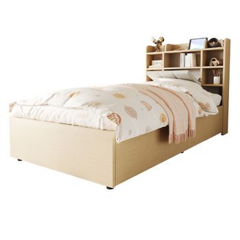 Cama Individual 90x200, Cama De Madera Con Almacenamiento Y Puertos Usb, Color Natural.