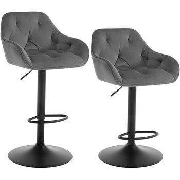 Juego De 2 Taburetes Altos De Bar, Sillas De Cocina Giratorias, Altura Ajustable, Terciopelo, Gris Oscuro.