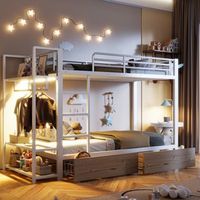 literas 2 x 90 x 200 cm con 2 cajones baldas y armario - estructura de hierro - leds - blanco colchones no incluidos