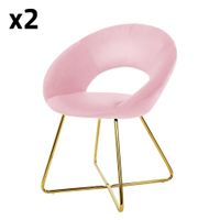 2x sillas de comedor aspecto terciopelo rosa y patas de metal doradas