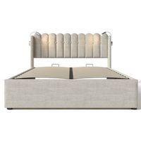 cama con canape tapizada con led y puertos de carga usb 140x200cm tela de lino con somier beige