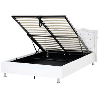 Cama Con Almacenaje De Piel Sintética Blanco Plateado Negro 140 X 200 Cm Cabecero Botones Metz
