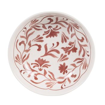 Plato hondo de cerámica blanca y flores burdeos