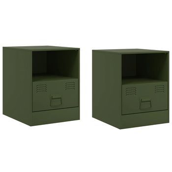 Pack 2 Uds Mesitas De Noche | Mesa Auxiliar | Mesilla Acero Verde Oliva 34,5x39x44 Cm