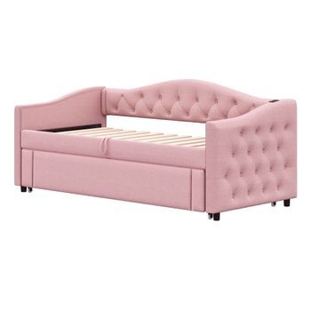 Sofá Cama Extensible 90x200 Cm, Tela De Lino Rosa, Con Puerto Usb, Diseño Clásico Con Botones, Latón, Multifuncional Para Sala O Dormitorio De Huéspedes, Fácil De Montar (colchón No Incluido)