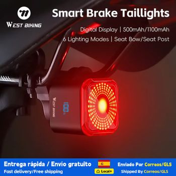 Luz Trasera para Bicicleta WEST BIKING con Sensor de Frenado, Pantalla Digital de Potencia, Encendido/Apagado Automático, Larga Duración, Accesorios de Ciclismo