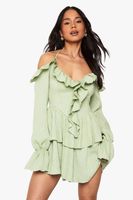 vestido mini a capas fruncido con volante verde