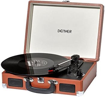Tocadiscos Denver VPL-120 Brown, Reproducción a 3 Velocidades, Diseño Maleta, 2 Altavoces Estéreo, Función Grabación, Incluye Autostop, Color Marrón