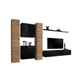 Conjunto De Muebles De Diseño Para Sala Switch Vi. Colores Roble Y Negro Con Acabado De Roble Efecto Fresado Y Negro Brillante.