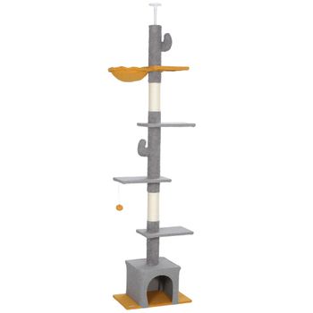 PawHut Árbol para gatos, altura 275 cm, 6 niveles para gatos de interior, del suelo al techo, con plataformas, casita, gris claro