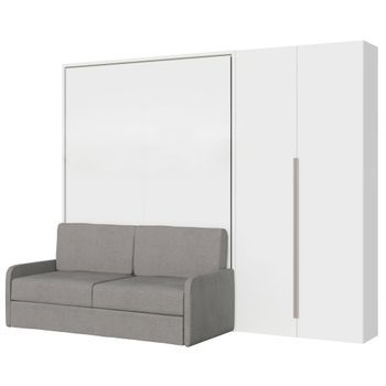 Cama Abatible Francesa Vertical Versia Sofà 140 Con Sofá, Estante Y Armario Derecho 2 Puertas Blanco