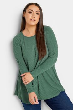 Yours Camiseta Verde Oscuro Canalé Con Vuelo , Mujer Curvy Y Tallas Grandes, Yours
