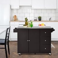 carrito de isla de cocina con encimera de acero inoxidable estantes ajustables cajones marron