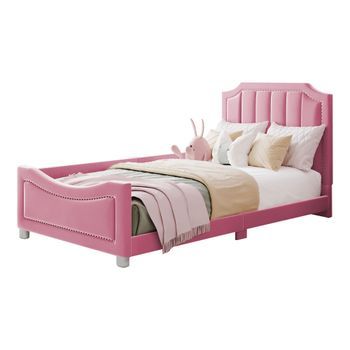 Cama Infantil - Cama Tapizada 90x200cm - Cama Multifuncional Con Respaldo Y Reposabrazos - Cama Individual - Rosa