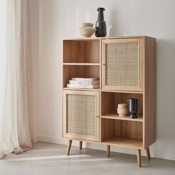Aparador de 4 puertas con almacenaje de caña y efecto madera, natural