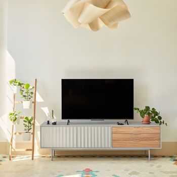 Mueble de tv 2 puertas 3 cajones gris claro y roble