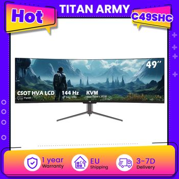 Monitor curvo para juegos Titan Army C49SHC de 49 pulgadas DFHD 3840×1080, panel CSOT HVA, 1800R, 144Hz, Adaptive-Sync, pantalla dividida PIP/PBP, USB-C 65W, RJ45 Ethernet, HDMI 2.0, DP 1.4, soporte