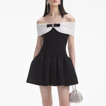 Self-Portrait Bow Ribbed-Knit Mini Dress - L