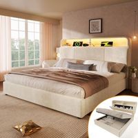 cama con cabecero y canape de 140 x 200 cm - terciopelo - led carga usbtipo c - somier de laminas - beige colchon no incluido
