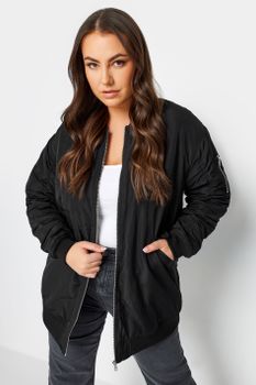 Yours Cazadora Larga Bomber Negra, Mujer Curvy Y Tallas Grandes, Yours
