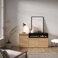 aparador efecto madera roble y negro 150x35x75cm chimenea efecto fuego