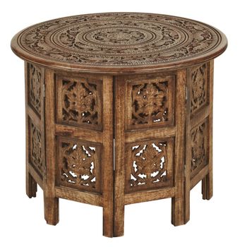 Mesa auxiliar de madera de mango tallada marrón