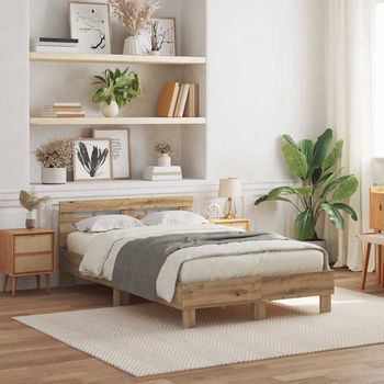 Vidaxl Estructura De Cama Con Tiras Led Roble Artisan 135 X 190 Cm