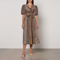 ganni printed tie strap leopard-print cotton midi dress - eu 36uk 8