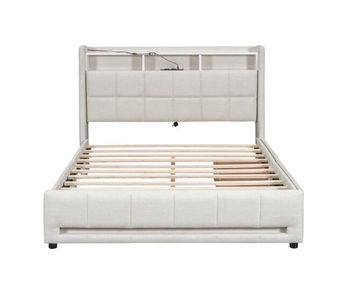 Cama doble tejido lino 140x200 cm - con 2 cajones + led + toma usb - beige