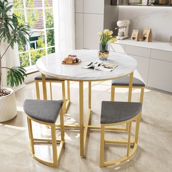 Set De Mesa Y 4 Sillas - Mueble De Comedor - Mdf Y Metal - Blanco Y Gris (80x80x75cm)