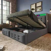 cama tapizada doble hidraulica 180x200 con cabecera led y carga usb-c somier de lamas madera y metal capacidad de carga 300 kg gris algodon