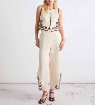 Marella para mujer. 2613131012200 Pantalón de lino con bordados beige (44), Casual