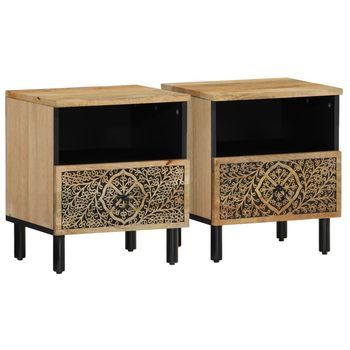 Juego De 2 Mesitas De Noche - Mesillas Madera Maciza De Mango 40x33x46 Cm Mc5714