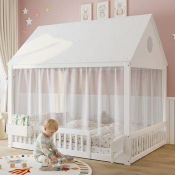 Cama Cabina 140x200 Cm Con Cortinas, Barandillas De Seguridad Y Techo - Pino + Mdf + Contrachapado - Blanco (colchón No Incluido)
