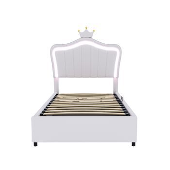 Cama Con Canapé De Piel Sintética 90x200cm Con Led Y Somier Blanco