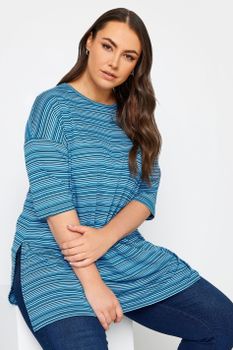 Yours Top Azul Media Manga De Rayas , Mujer Curvy Y Tallas Grandes, Yours