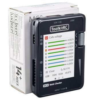 ToolkitRC MC8 Mini Verificador de Celdas de Tamaño Compacto 32 Bits 2-8S Multi-Verificador de Baterías con Salida PWM, Lectura PPM SBUS y Carga Rápida USB-C