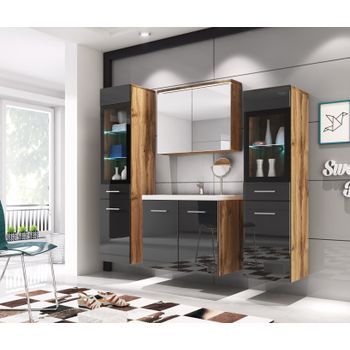 Conjunto De Muebles De Baño Madrid Ii, Juego De Muebles De Baño, Lavabo Incluido, Con Iluminación Led, Color Wotan/negro Brillo