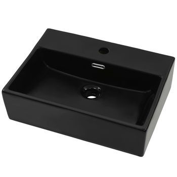 Lavabo De Baño Moderno | Lavabo Con Orificio Para Grifo Cerámica Negro 51,5x38,5x15 Cm