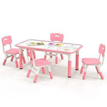 Juego De Mesa Infantil Con 4 Sillas Con Tablero Graffiti. Grupo De Asientos Infantiles Regulables En Altura En Color Rosa.