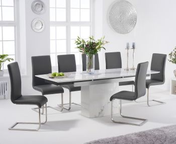 Metropolis 160cm Extending White Marble Dining Table with Malaga Faux Leather Chairs - Grey, 4 Chairs