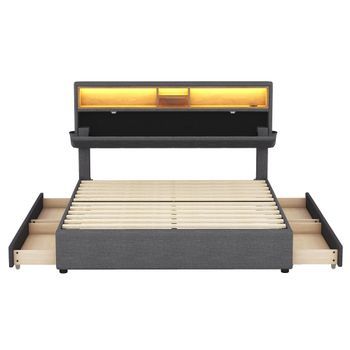 Cama De 140x200cm En Tejido De Lino Con Led, Puerto Usb Y 4 Cajones Cabecero Regulable Gris