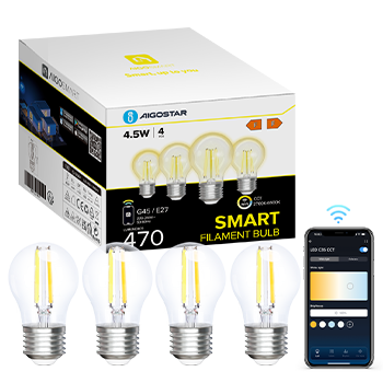 Aigostar Bombilla Inteligente Alexa， Bombilla Led E27 Vintage， G45 Transparente Tipo Globo， 4.5W， 470LM， Regulable Cálida a Fría 2700K a 6500K， Compatible con Alexa y Google home， 4 PCS.