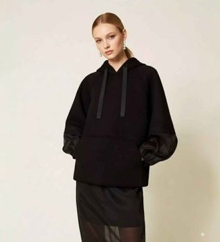 Twinset para mujer. 252TP2194 Sudadera de tejido scuba y organza negro (42), Casual, Viscosa