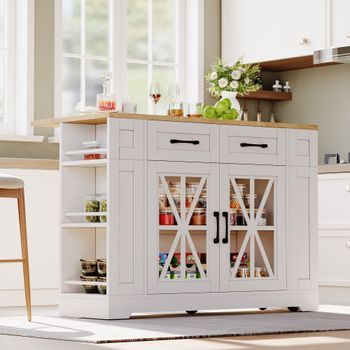 Isla De Cocina Portátil, 120 Cm, Con Mesa Plegable, Alimentación Ca Usb, Puerta De Cristal.