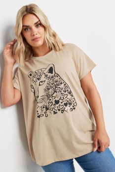 Yours Camiseta Beige Leopardo De Corazones Con Lentejuelas, Mujer Curvy Y Tallas Grandes, Yours