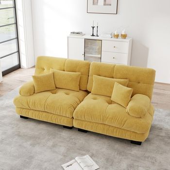Sofá Esquinero Cloud 2 Plazas En Felpa Con 2 Cojines Lumbares Y Decorativos, Estructura Madera Maciza Color Amarillo